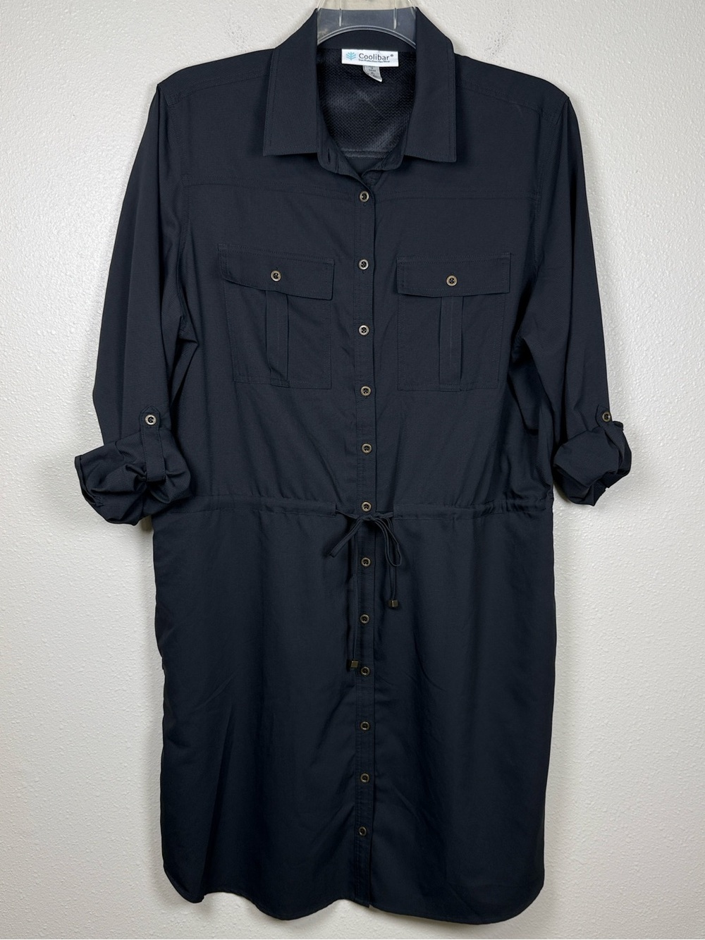 Coolibar Napa Travel Button Up Shirt Dress XL Black RollTab Sleeve UPF50 Classic - Picture 3 of 16